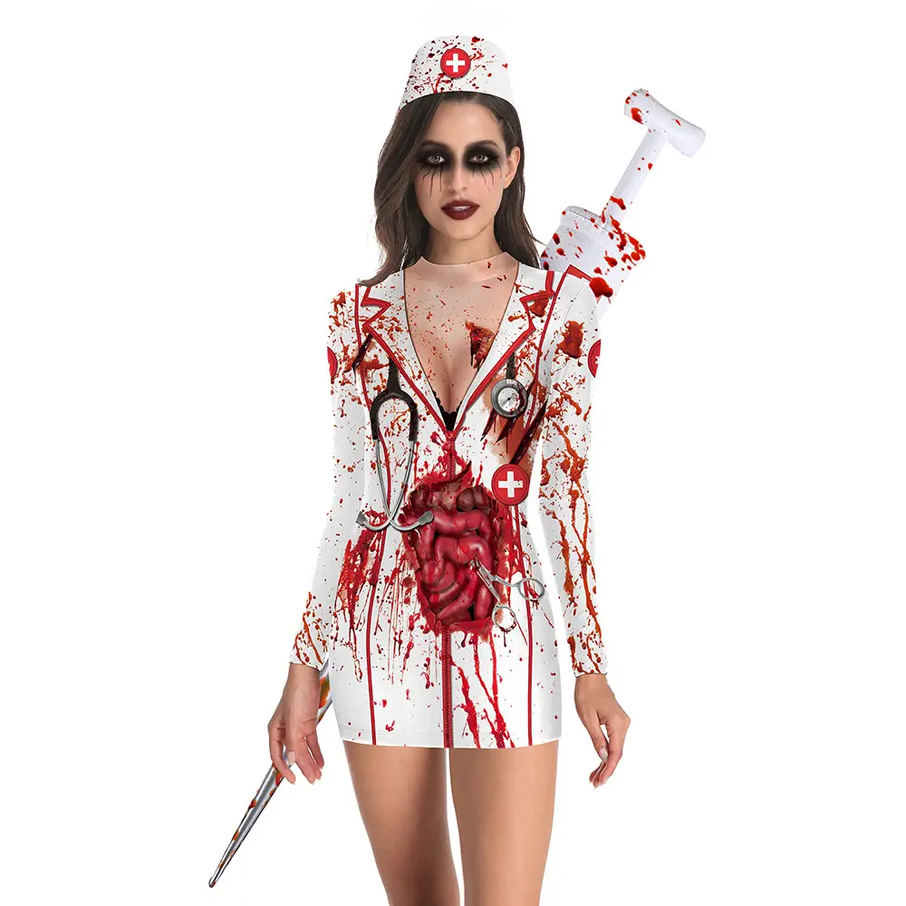 Women Halloween Nurse Costume Dress Bloody Short Skirt