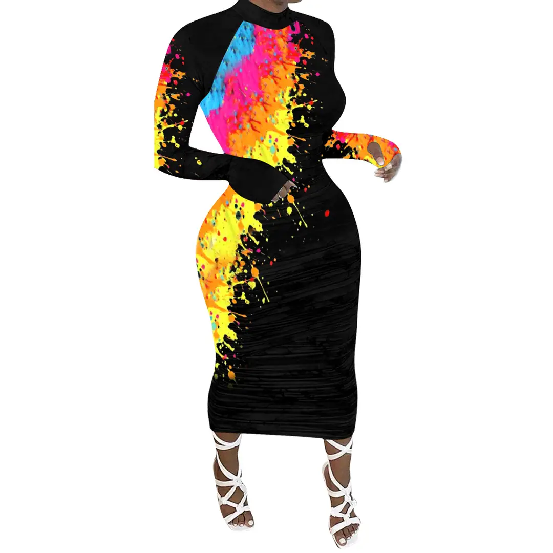 Women Graffiti Print Long Sleeve Dress S-4XL