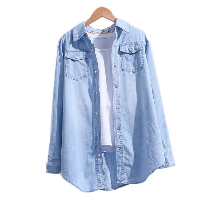 Women Denim Shirt Loose Long Sleeve Autumn Blue Large