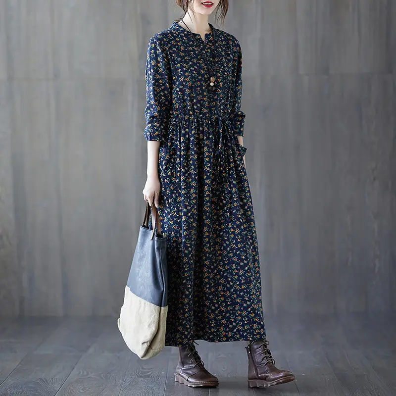 Women Floral Long Dress Cotton Linen Loose Fit Spring Fall