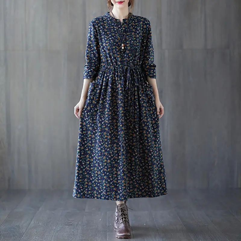 Women Floral Long Dress Cotton Linen Loose Fit Spring Fall