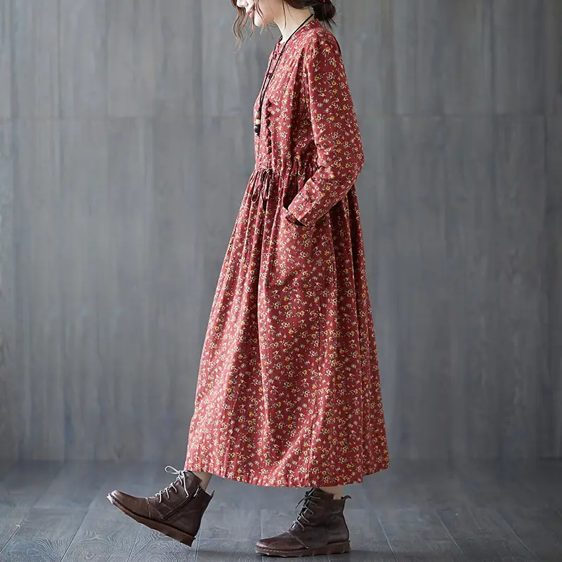 Women Floral Long Dress Cotton Linen Loose Fit Spring Fall