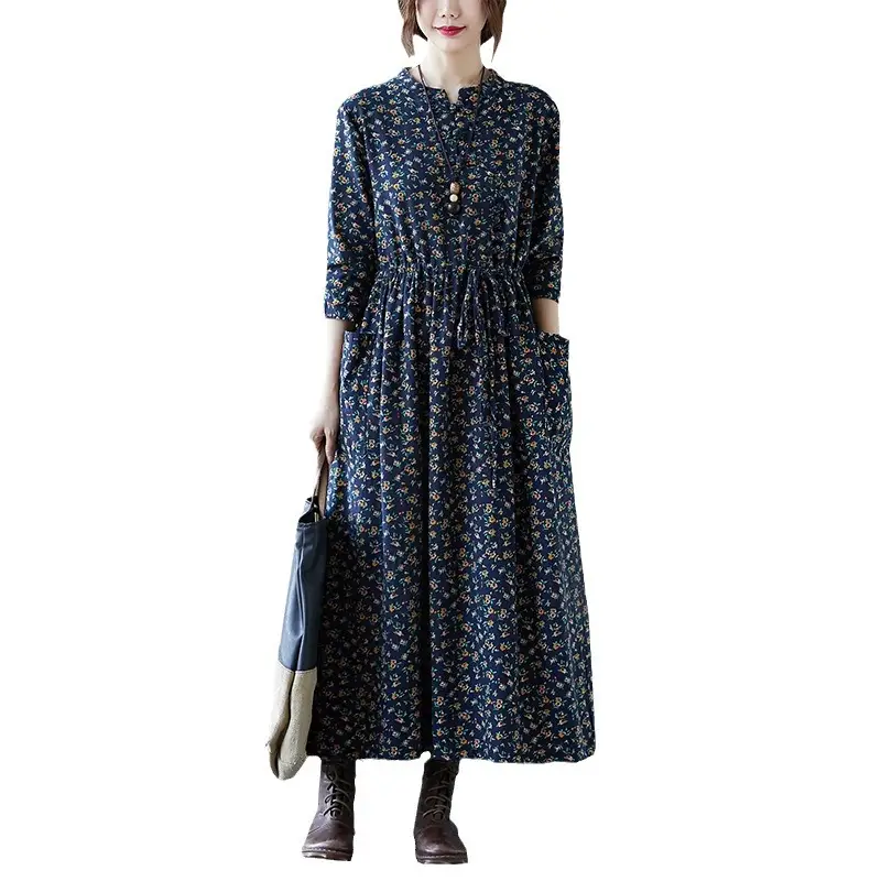 Women Floral Long Dress Cotton Linen Loose Fit Spring Fall