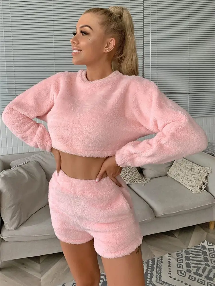 Women Fleece Crop Top Shorts Set Pink Autumn