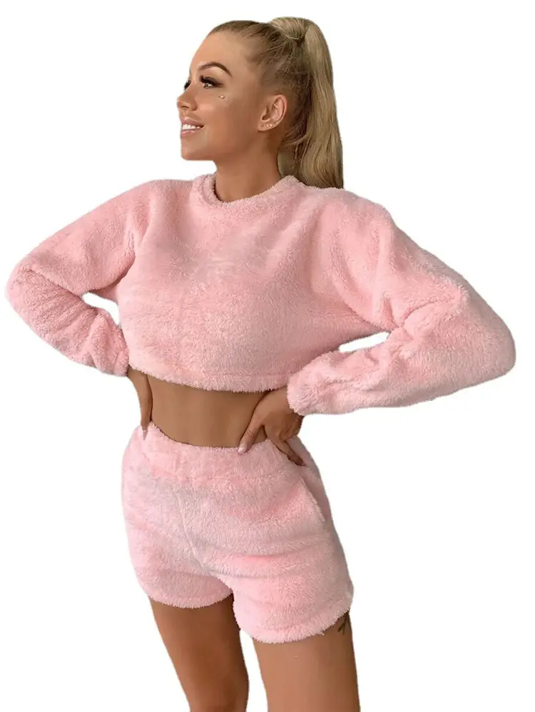 Women Fleece Crop Top Shorts Set Pink Autumn