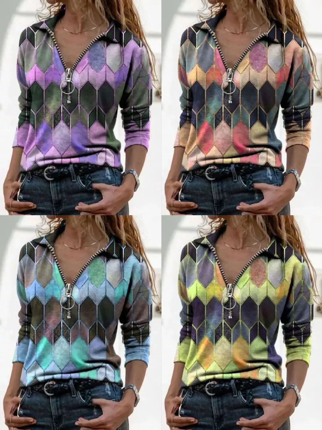 Women Printed Zipper Long Sleeve Top Slim Fit Multicolor