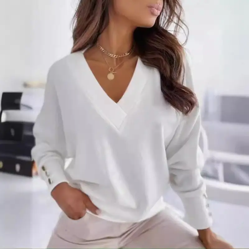 Women V Neck Button Sweatshirt Loose Long Sleeve Autumn Winter