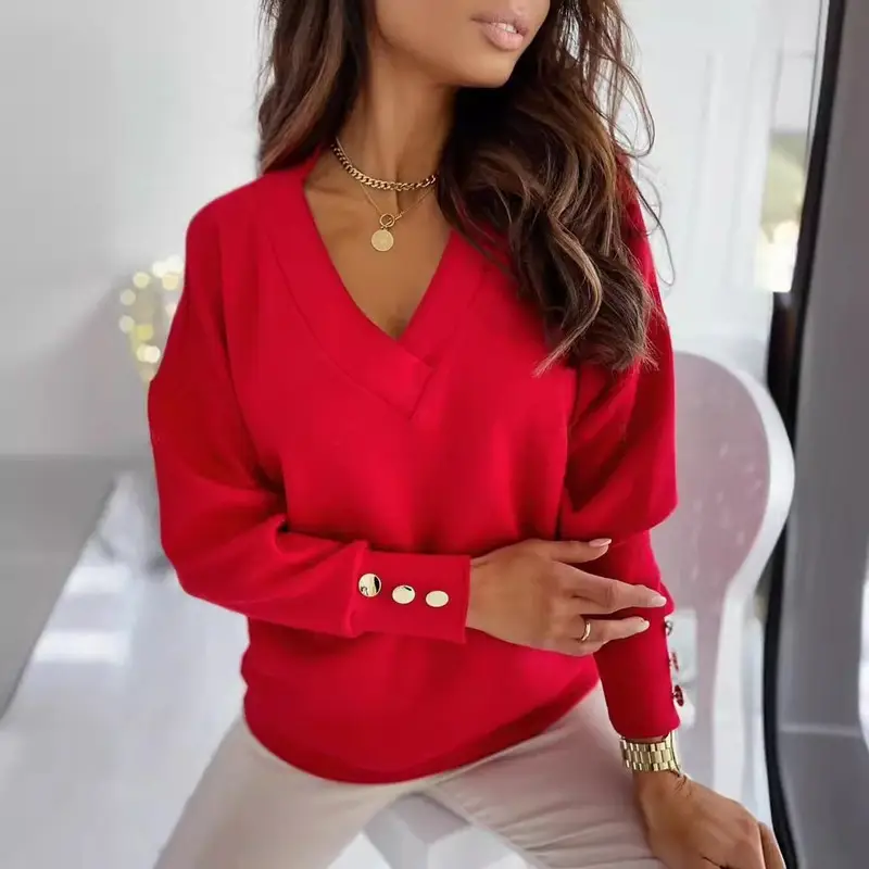Women V Neck Button Sweatshirt Loose Long Sleeve Autumn Winter