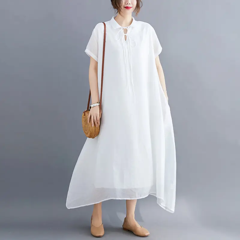 White Loose Summer Dress for Women XL with Lapel Lace-Up Design