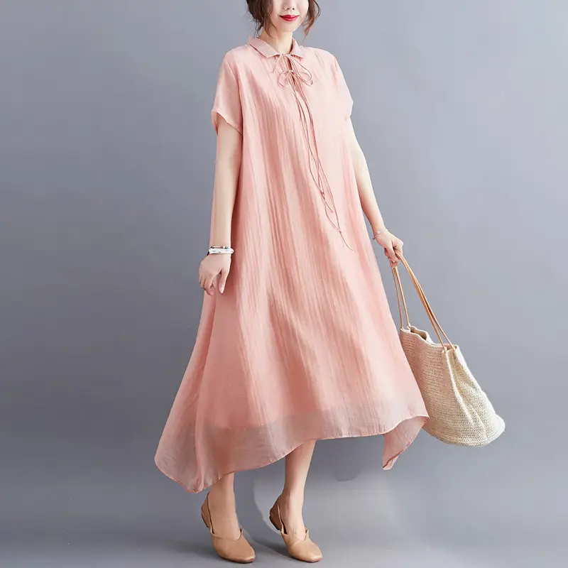 White Loose Summer Dress for Women XL with Lapel Lace-Up Design