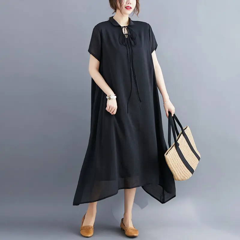 White Loose Summer Dress for Women XL with Lapel Lace-Up Design