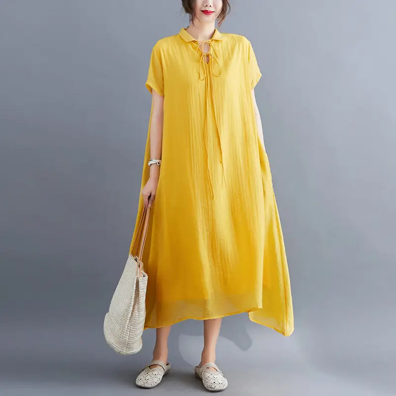 White Loose Summer Dress for Women XL with Lapel Lace-Up Design