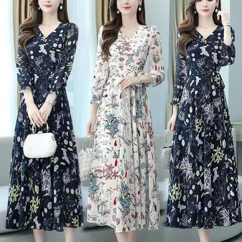 Women Floral Swing Dress Slim Fit Plus Size Autumn