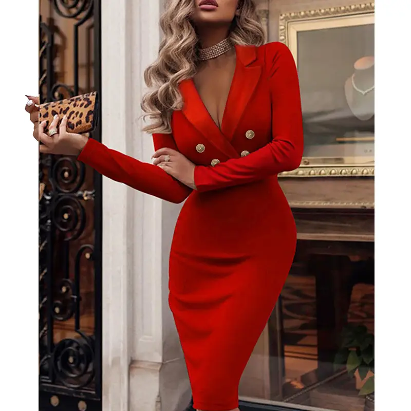 Women V-Neck Double-Breasted Suit Dress Red Winter