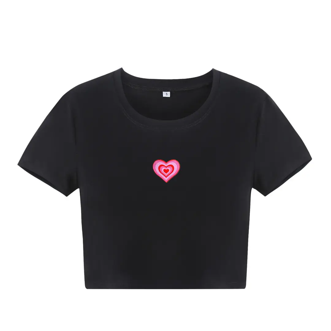 Women Heart Print Slim Fit T-Shirt Black Summer