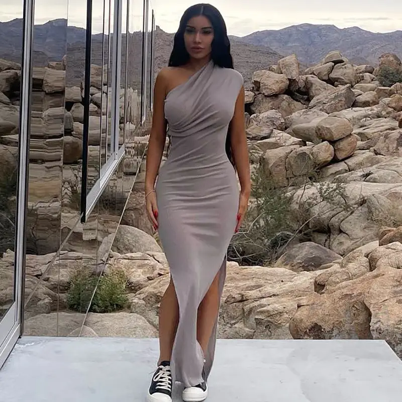 Women Slim Fit Split Dress Khaki Summer New Collection