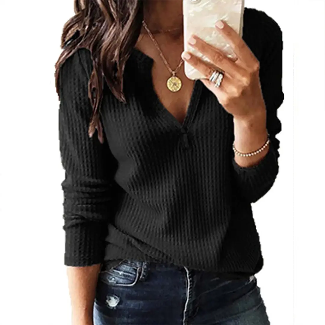Women Long Sleeve V-neck Waffle T-Shirt Black Winter New