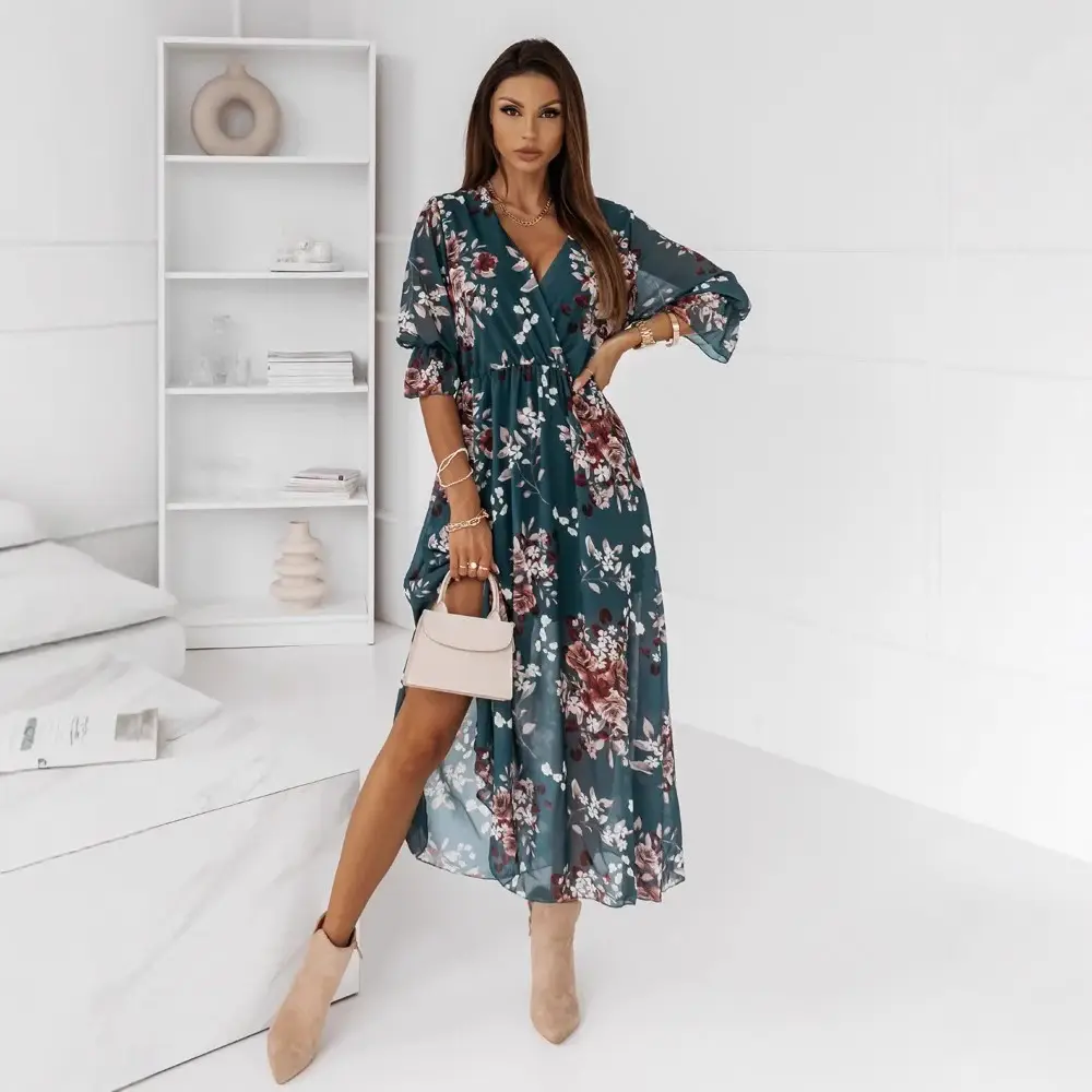 Women V Neck Chiffon Printed Side Slit Dress