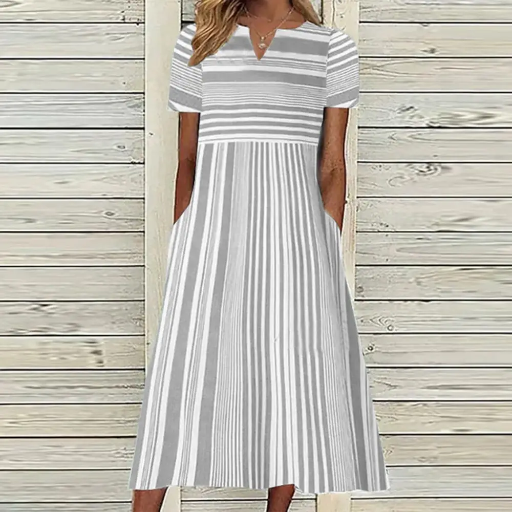 Women Plaid V-neck Short Sleeve Dress S-Grey