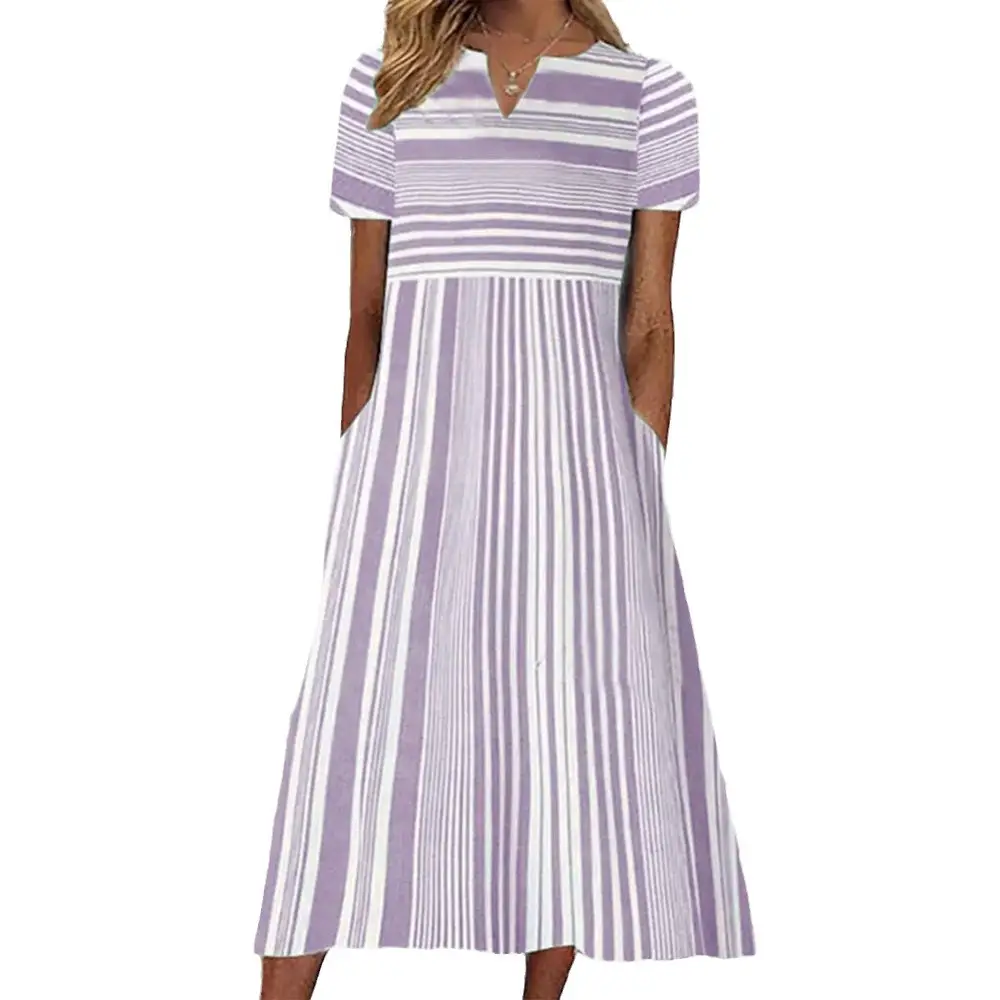 Women Plaid V-neck Short Sleeve Dress S-Grey