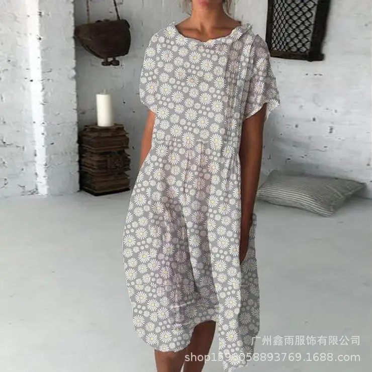 Women Sunflower Print Long Dress Summer Home Wear Grey