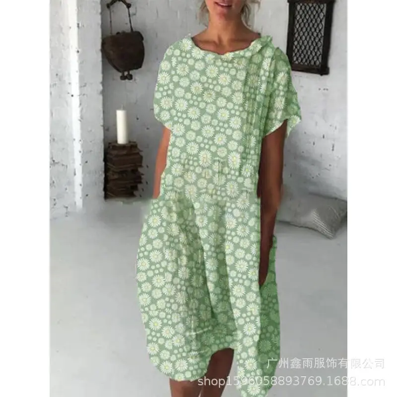 Women Sunflower Print Long Dress Summer Home Wear Grey