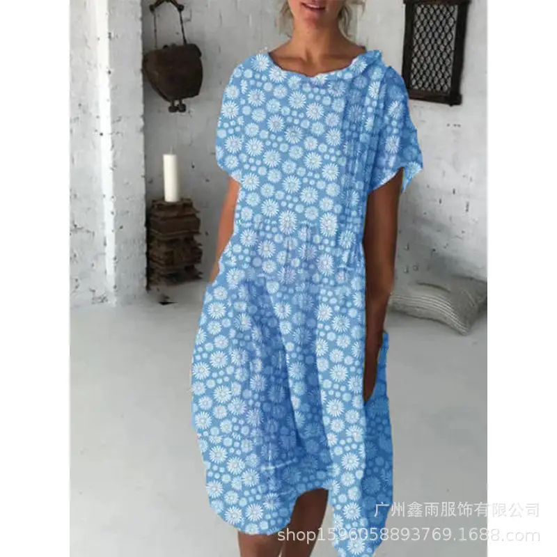 Women Sunflower Print Long Dress Summer Home Wear Grey