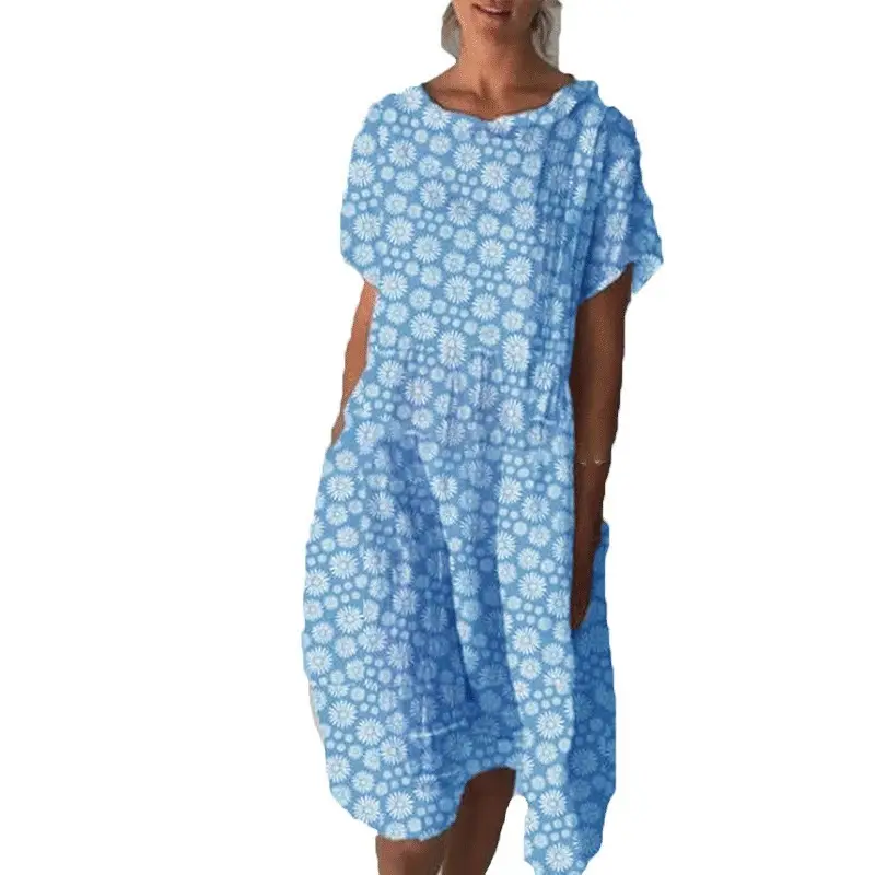 Women Sunflower Print Long Dress Summer Home Wear Grey