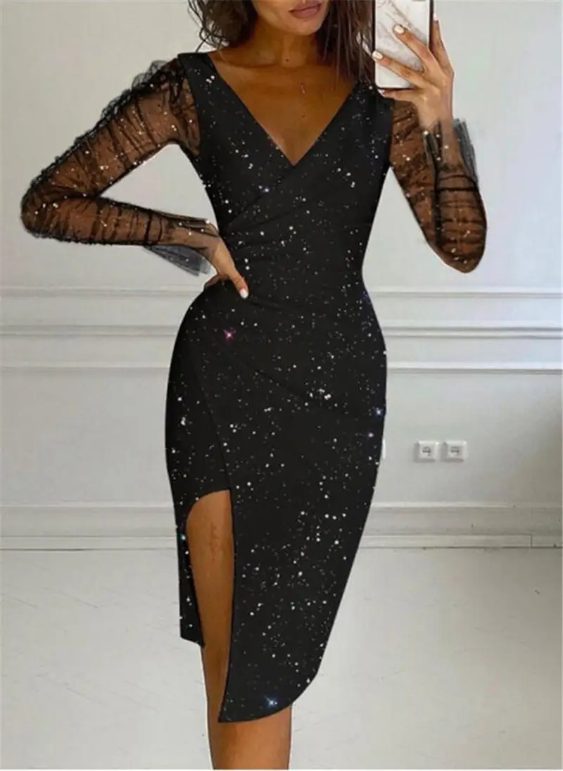 Women Mesh V-Neck Sheath Dress Black Winter
