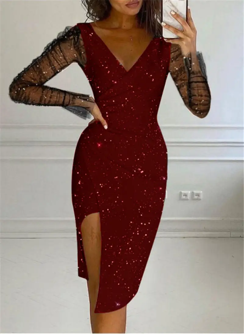 Women Mesh V-Neck Sheath Dress Black Winter