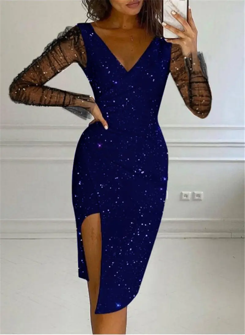Women Mesh V-Neck Sheath Dress Black Winter