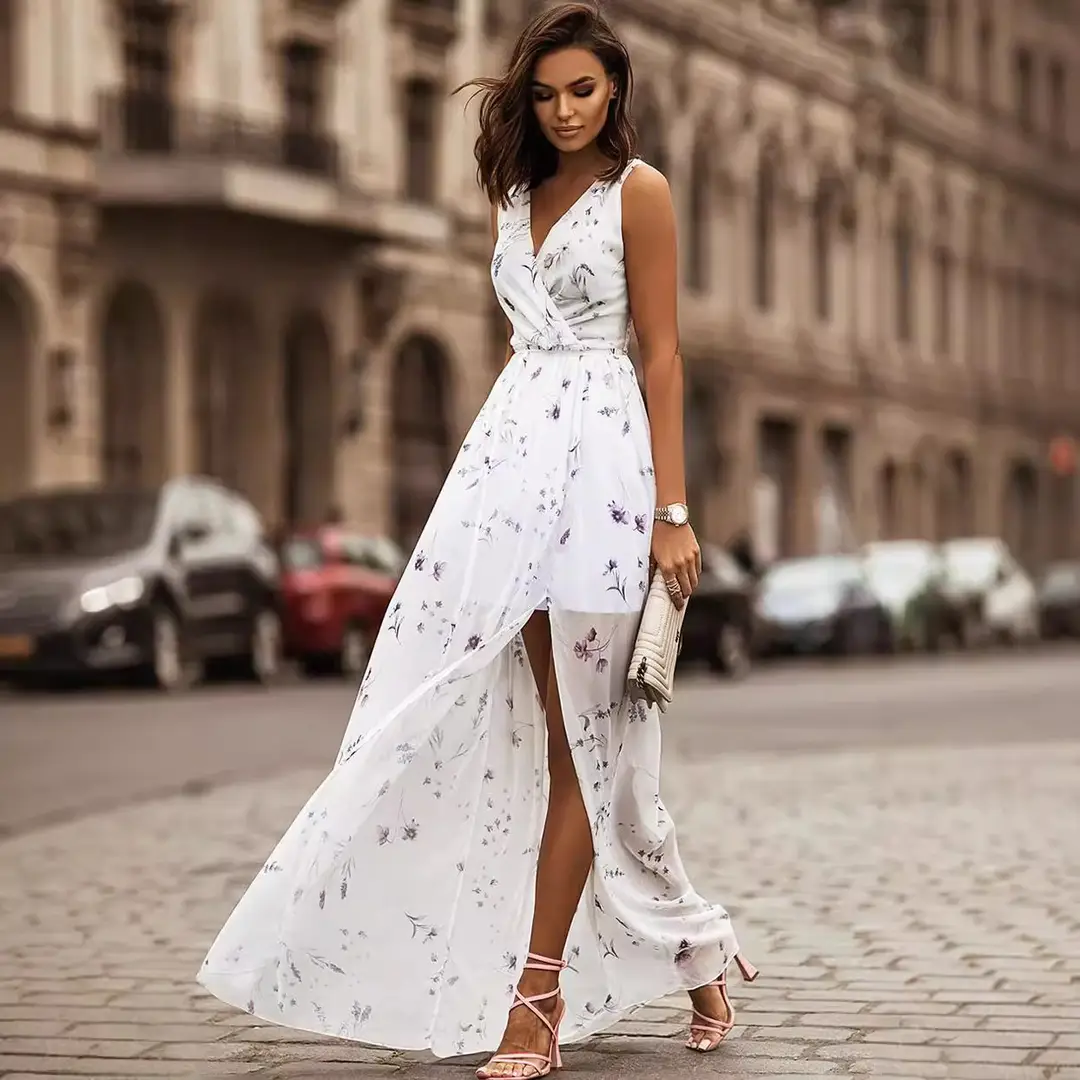 Women Chiffon Floral High Slit Maxi Dress Summer
