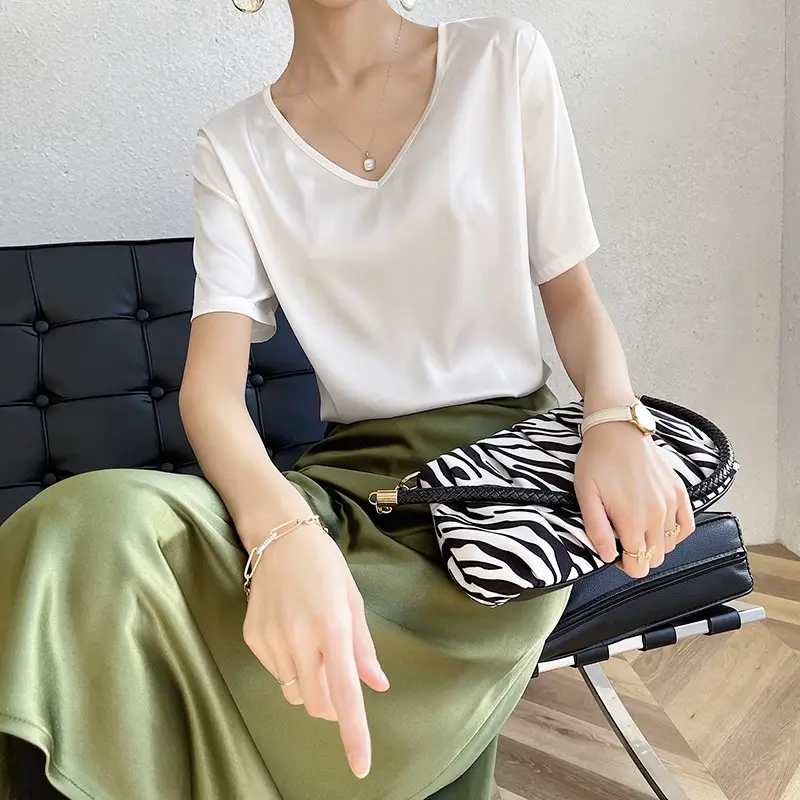 Women Simulated Silk V Neck T-Shirt White Summer