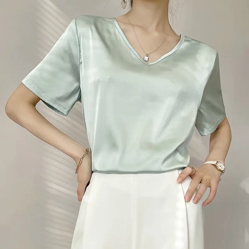 Women Simulated Silk V Neck T-Shirt White Summer