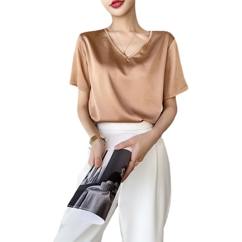 Women Simulated Silk V Neck T-Shirt White Summer