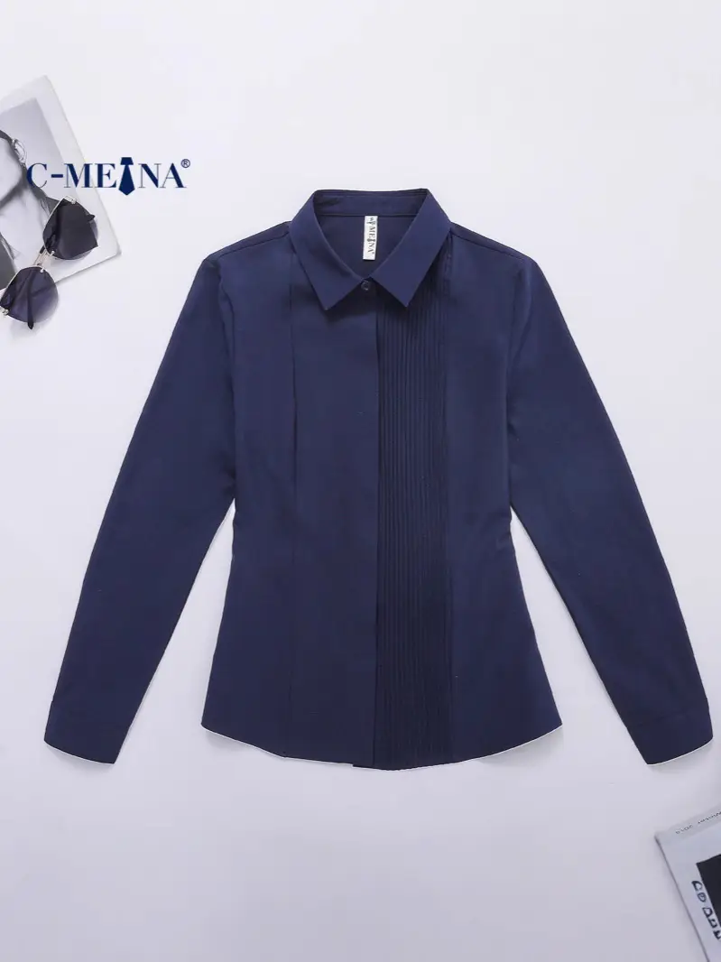 Women Long Sleeve Chiffon Blouse White Slim Fit Summer