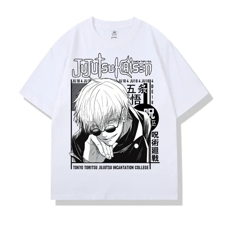 White Anime Print T-Shirt for Men Short Sleeve High Quality