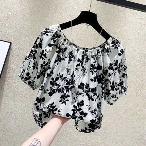 Plus Size Floral T-Shirt Summer Loose Fit S-Blue