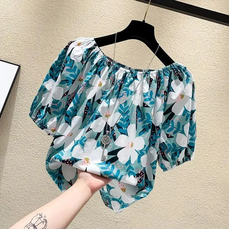 Plus Size Floral T-Shirt Summer Loose Fit S-Blue