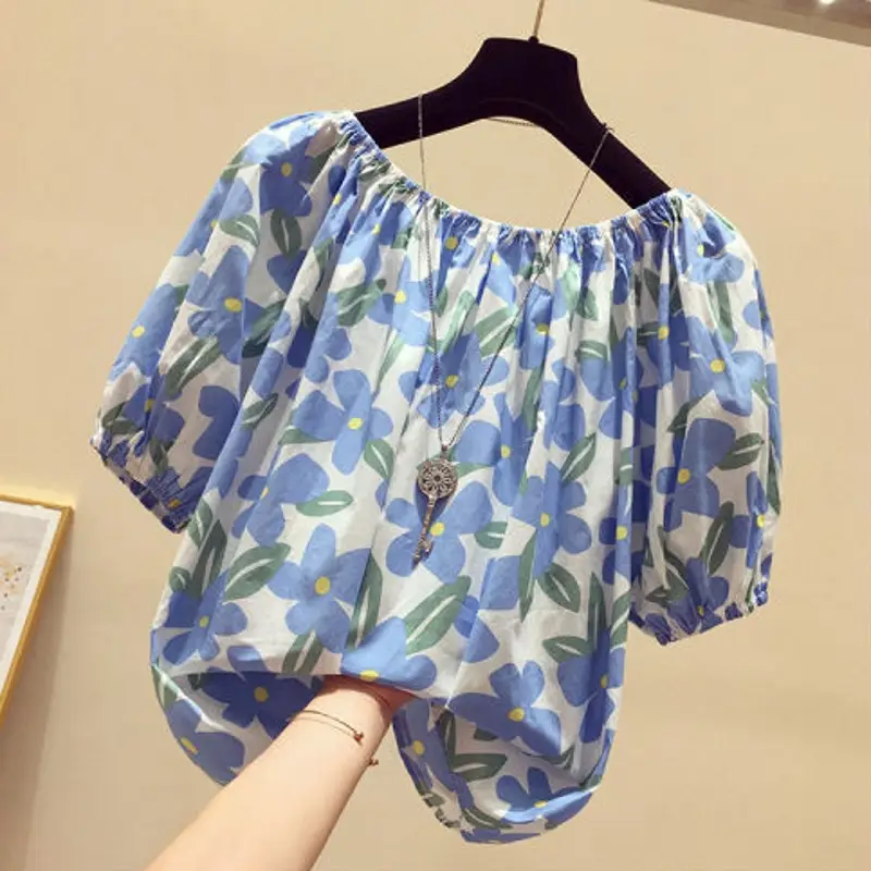 Plus Size Floral T-Shirt Summer Loose Fit S-Blue