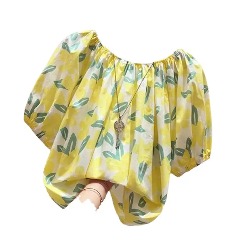 Plus Size Floral T-Shirt Summer Loose Fit S-Blue