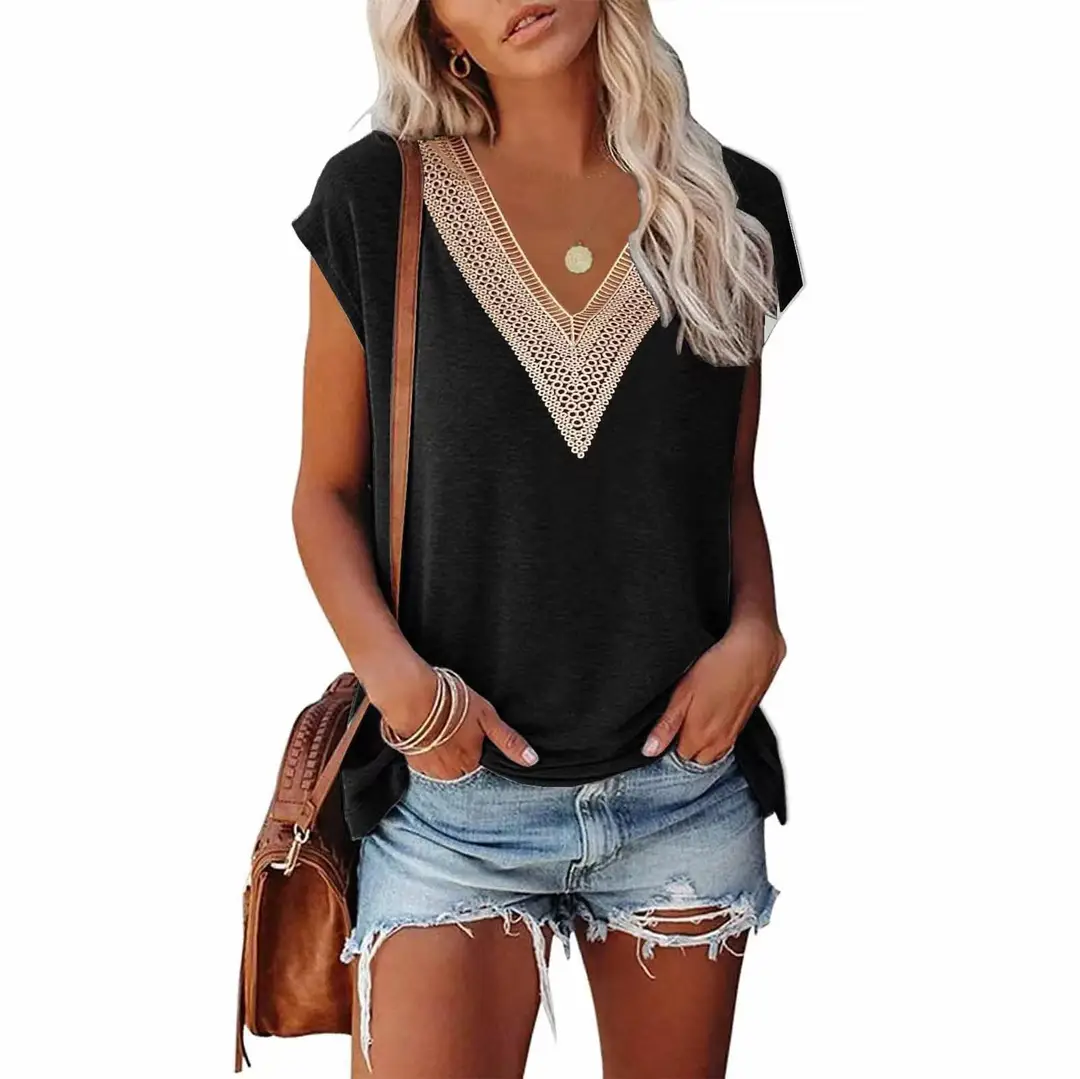 Women V-Neck Lace T-Shirt Army Green Summer Loose Fit