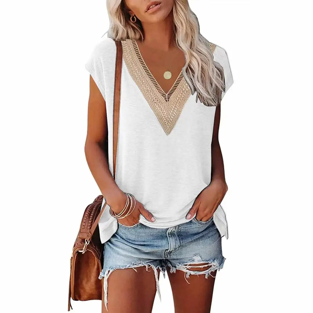 Women V-Neck Lace T-Shirt Army Green Summer Loose Fit