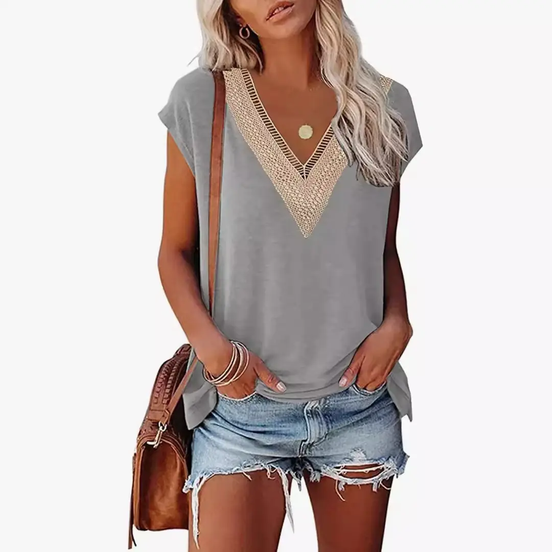 Women V-Neck Lace T-Shirt Army Green Summer Loose Fit