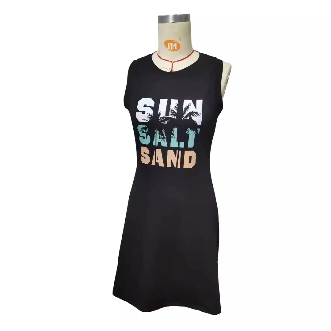 Women Sleeveless Beach Dress Sun Salt Sand Print Black Summer Vacation