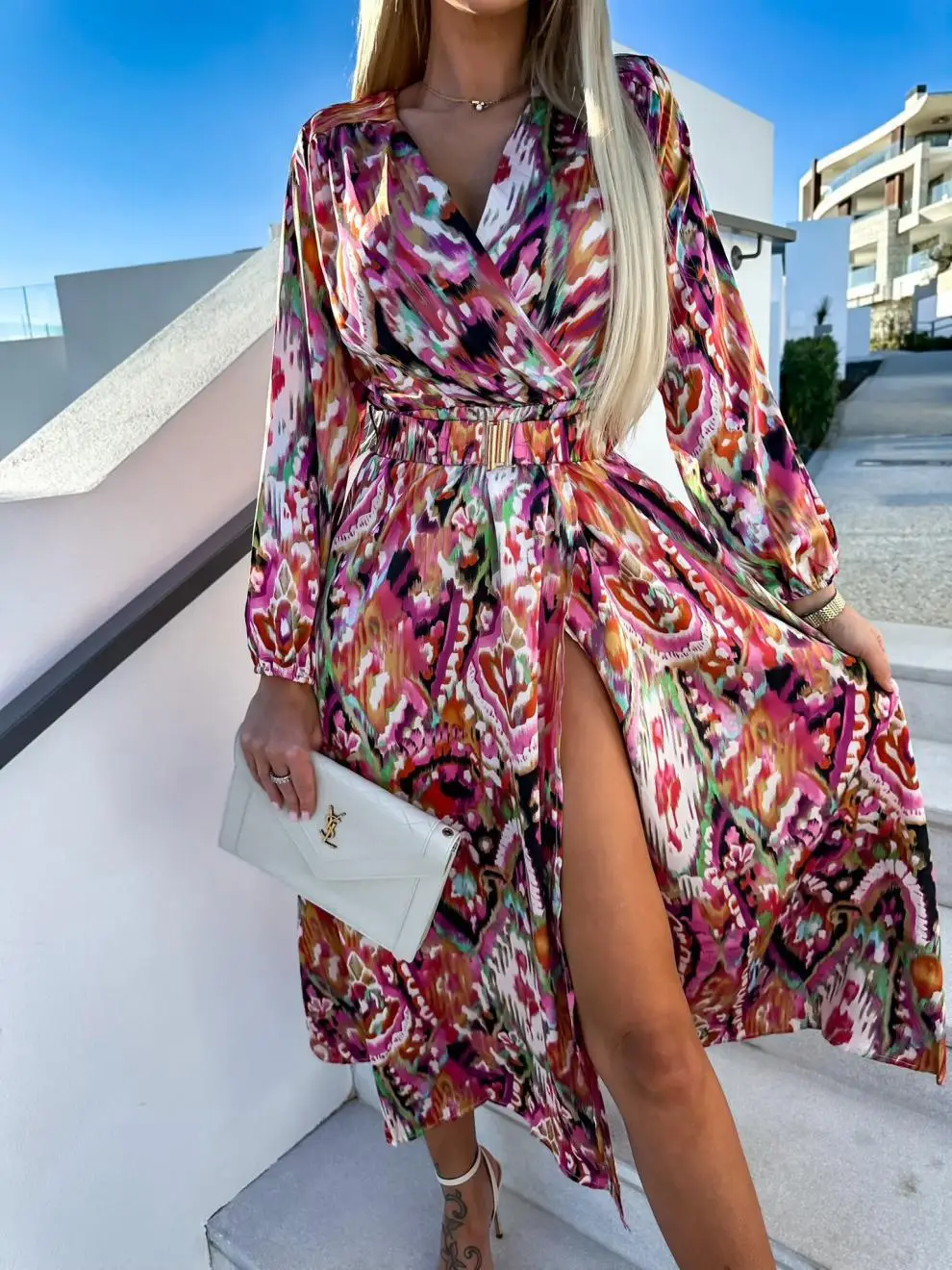 Women V Neck Slit Dress Pink High Quality