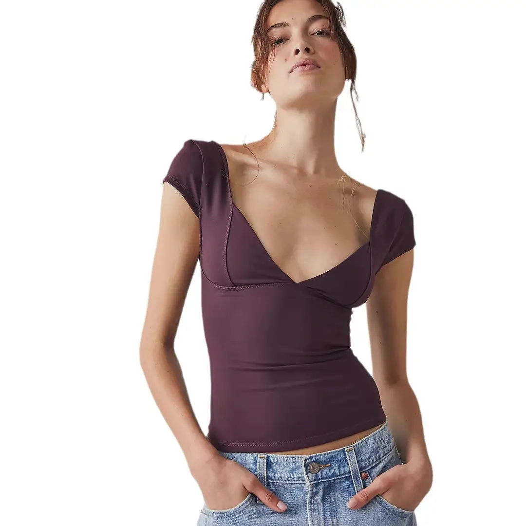 Women V-neck Slim Fit T-Shirt Black Solid High Quality