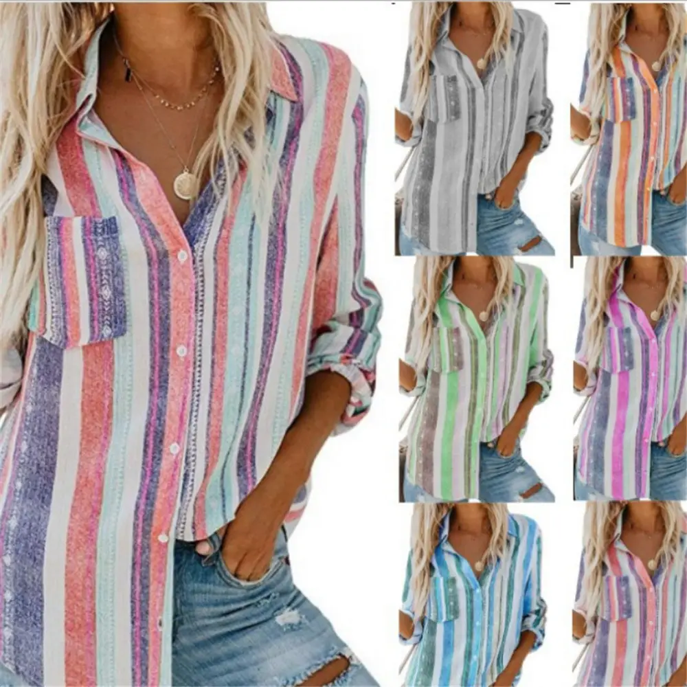 Women Striped Shirt Winter Plus Size Pink Durable