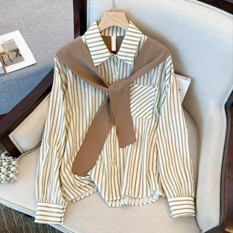 Women Striped Long Sleeve Shirt Green Autumn Stitched