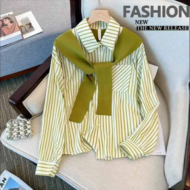 Women Striped Long Sleeve Shirt Green Autumn Stitched